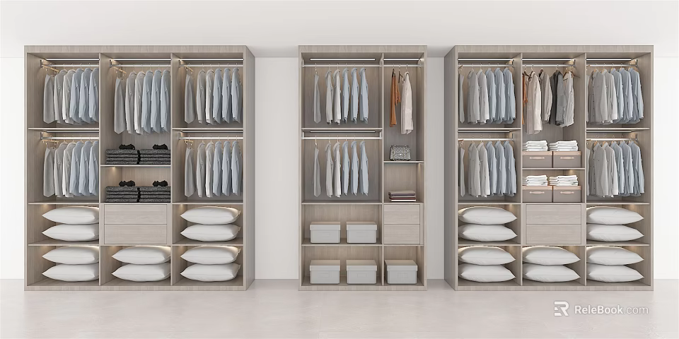 Modern Wooden Wardrobe Interior With Hanging Shirts Storage Shelves And Pillows 3d model 