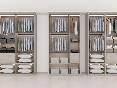 Modern Wooden Wardrobe Interior With Hanging Shirts Storage Shelves And Pillows 3d model