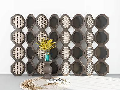 Decorative Dark Brown Hexagonal Room Divider With Rattan Woven Design And Yellow Flowers Vase 3d model