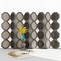 Decorative Dark Brown Hexagonal Room Divider With Rattan Woven Design And Yellow Flowers Vase