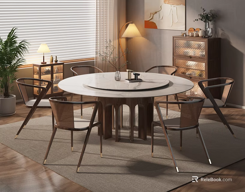 Modern Round Dining Table Set With Wooden Metal Legs And Stylish Upholstered Chairs 3d model 