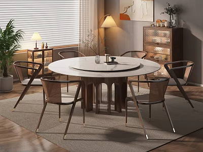 Modern Round Dining Table Set With Wooden Metal Legs And Stylish Upholstered Chairs 3d model