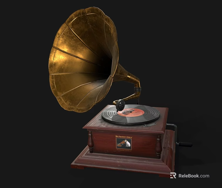Vintage Daily Use Electrical Appliance Gramophone With Brass Horn Wooden Base And Vinyl Record 3d model 