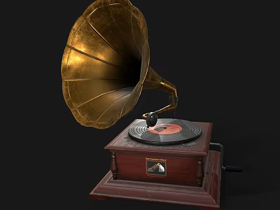 Vintage Daily Use Electrical Appliance Gramophone With Brass Horn Wooden Base And Vinyl Record 3d model