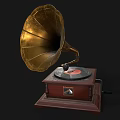 Vintage Daily Use Electrical Appliance Gramophone With Brass Horn Wooden Base And Vinyl Record