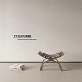 Poliform Modern Wooden Stool With Curved Frame And Open Books Against Wall