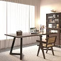Wooden Desk with Laptop Vintage Radio Flower Vase Wooden Chair near Floor Lamp Curtain Bookshelf