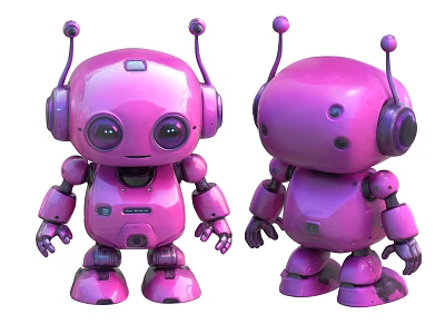 Smart Pink Robots Front And Back View With Round Eyes And Antennas 3d model