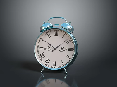 Silver Double Bell Alarm Clock With White Dial Roman Numerals Black Hands And Reflection 3d model