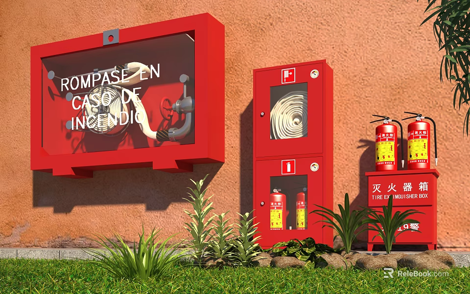 Red Fire Equipment Setup With Fire Box Hose Cabinet Extinguishers And Green Plants On Grass 3d model 