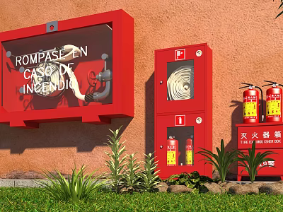 Red Fire Equipment Setup With Fire Box Hose Cabinet Extinguishers And Green Plants On Grass 3d model