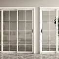 White Glass Sliding Doors With Grid Panes In Modern Interior With Potted Plant