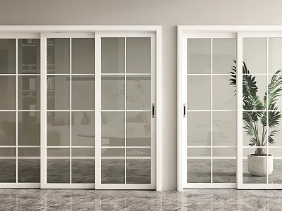 White Glass Sliding Doors With Grid Panes In Modern Interior With Potted Plant 3d model
