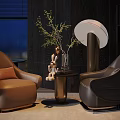 Modern Brown Black Armchairs With Small Table Green Plant Decorative Figure By Dark Wall Window