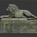 Detailed Reclining Lion Sculpture With Carved Pedestal And Artistic Carving Details