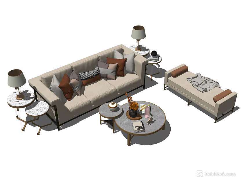 Elegant Sofa Coffee Table Combination With Beige Sofa Throw Pillows Ottoman And Round Coffee Table 3d model