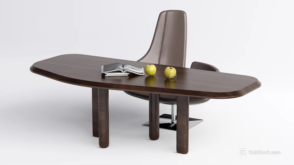Modern Wooden Desk with Open Book Two Apples and Brown Chair 3d model 