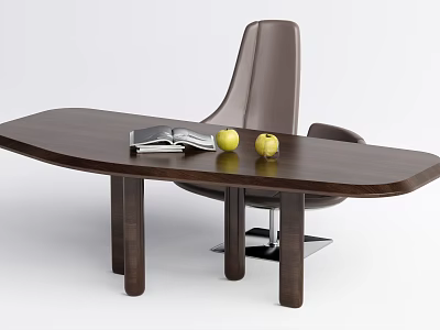 Modern Wooden Desk with Open Book Two Apples and Brown Chair 3d model