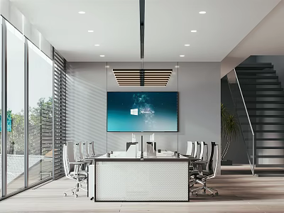 Modern Public Office Space with Large Windows Natural Light Conference Table and Green Plants 3d model