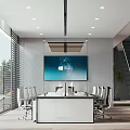 Modern Public Office Space with Large Windows Natural Light Conference Table and Green Plants