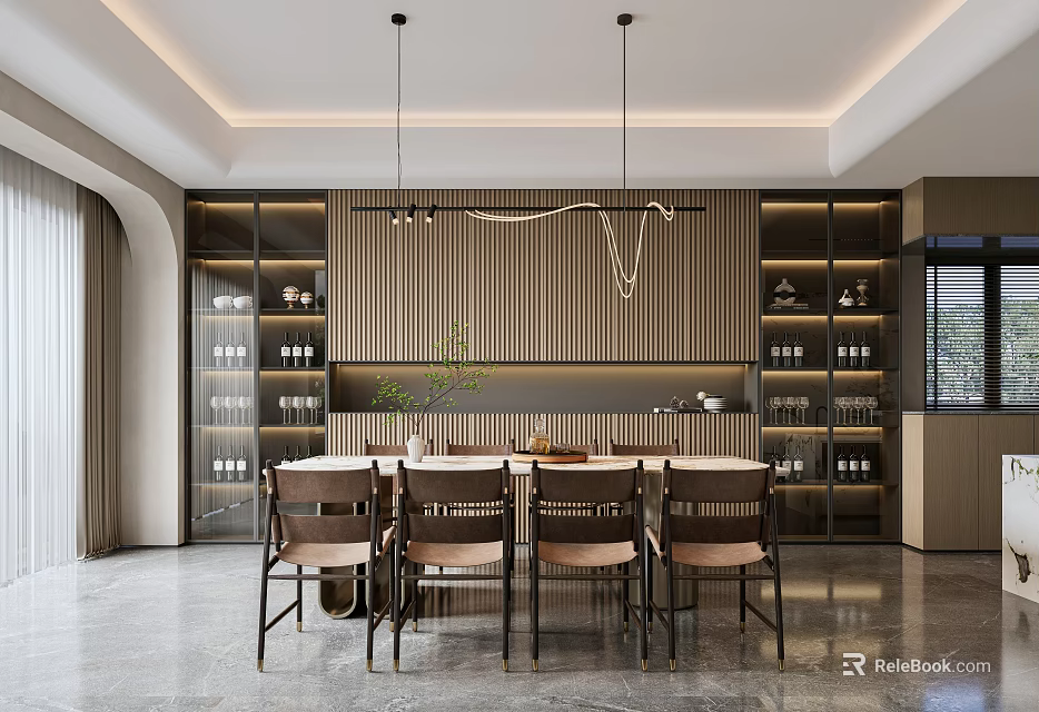 Modern Restaurant Interior With Long Dining Table Wooden Slat Accent Wall And Pendant Lights 3d model 