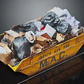 Yellow M A C Dumpster Filled With Trash Plastic Bags And Cardboard Boxes