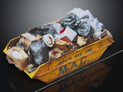 Yellow M A C Dumpster Filled With Trash Plastic Bags And Cardboard Boxes 3d model