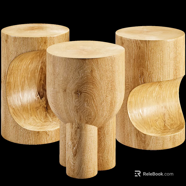 Three Natural Wood Round Side Tables With Unique Curved Sculptural Design 3d model 