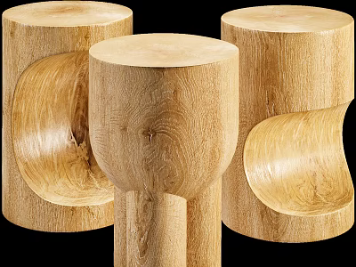 Three Natural Wood Round Side Tables With Unique Curved Sculptural Design 3d model