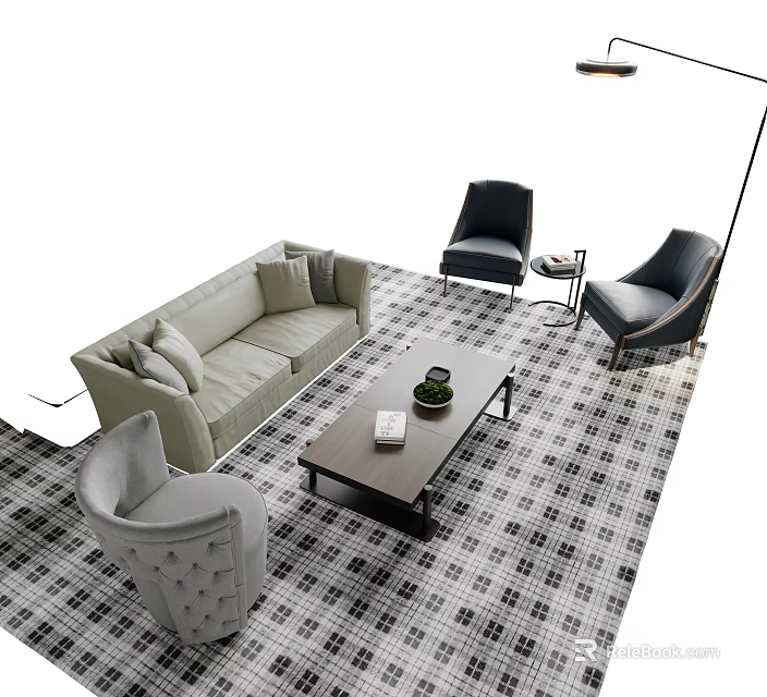 Modern Sofa Coffee Table Set With Accent Chairs Side Table And Plaid Carpet 3d model