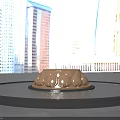 Golden Lotus Petal Shaped Sculpture In Circular Water Pool With Blue Sky And White Clouds