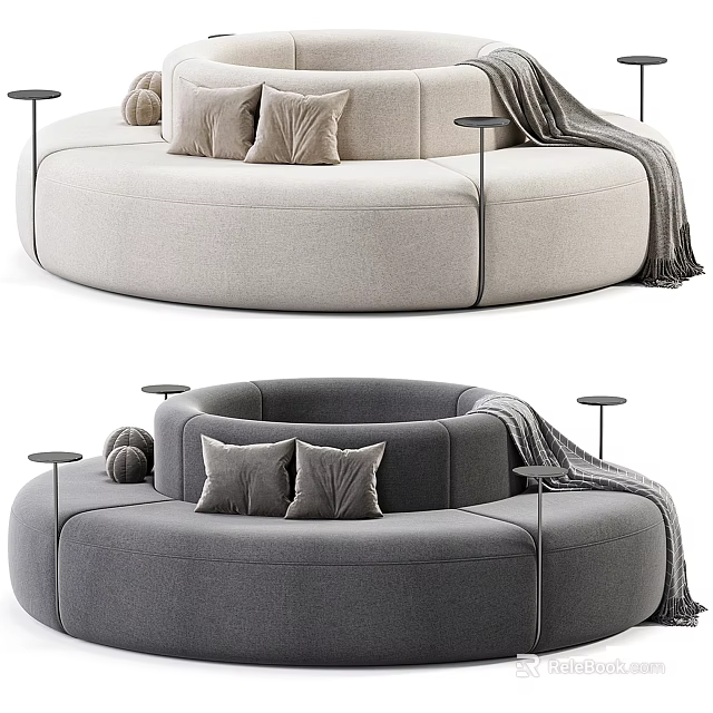 Curved Sectional Sofa In Beige And Gray With Pillows Side Tables And Throw Blanket 3d model 