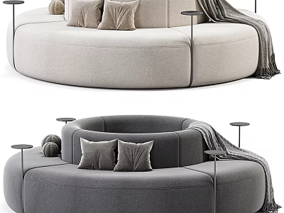 Curved Sectional Sofa In Beige And Gray With Pillows Side Tables And Throw Blanket 3d model