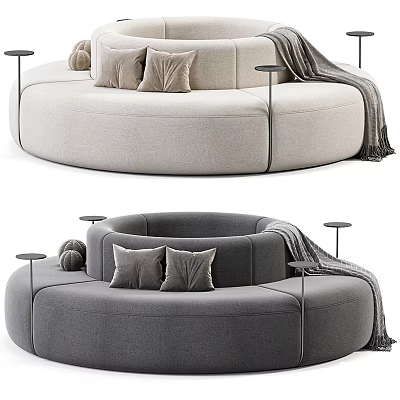 Curved Sectional Sofa In Beige And Gray With Pillows Side Tables And Throw Blanket 3d model