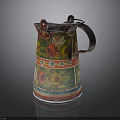 Decorative Metal Water Jug With Colorful Floral Patterns And Striped Accents