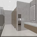 Modern Public Restroom Interior Design With Stalls Washbasins Mirrors And Lighting
