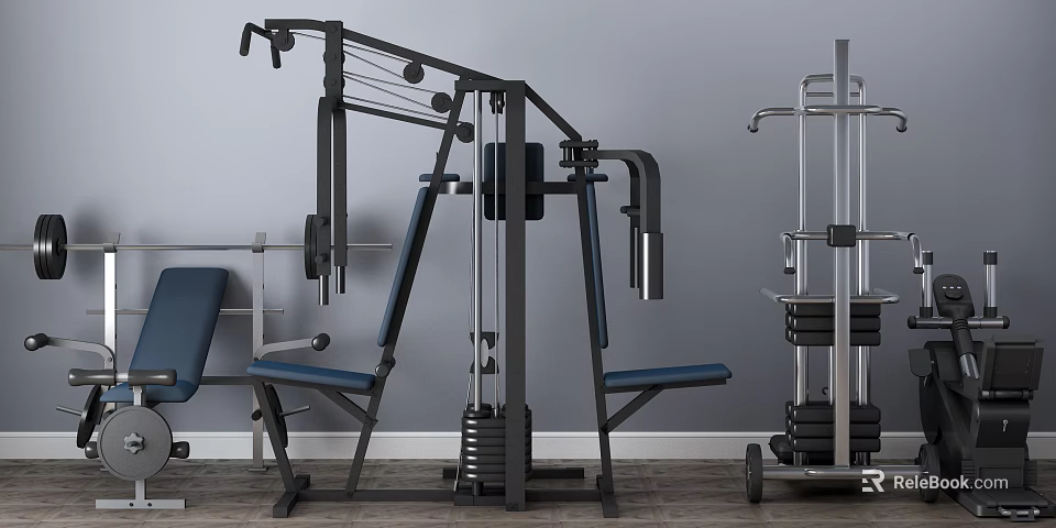 Fitness Equipment Multi Functional Training Machine With Weight Bench Barbell Gray Wall And Wooden Floor 3d model 