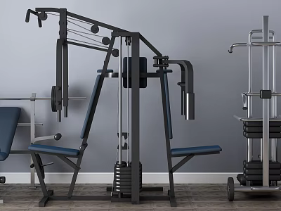 Fitness Equipment Multi Functional Training Machine With Weight Bench Barbell Gray Wall And Wooden Floor 3d model