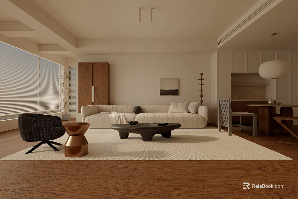 Modern Minimalist Living And Dining Area With Light Sofa Dark Coffee Table And Open Kitchen 3d model 