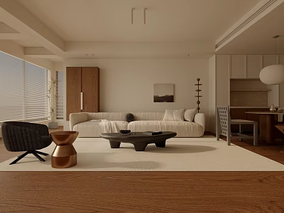 Modern Minimalist Living And Dining Area With Light Sofa Dark Coffee Table And Open Kitchen 3d model