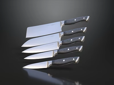 High Quality Kitchen Knives With Silver Blades And Black Textured Handles 3d model
