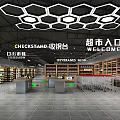 Supermarket Entrance Design with Checkstand Shelves Shopping Carts Beverages Section and Daily Supplies