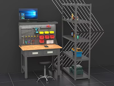 Practical Utility Workbench With Tool Rack Yellow Storage Bins Monitor And Shelving Unit 3d model