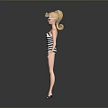 Woman in Black and White Striped Swimsuit with Blonde Hair and Black Heels