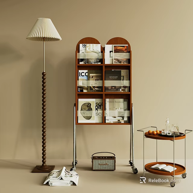 Minimalist Wooden Display Shelf With Multiple Compartments Books And Floor Lamp On Beige Wall 3d model 