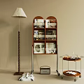 Minimalist Wooden Display Shelf With Multiple Compartments Books And Floor Lamp On Beige Wall