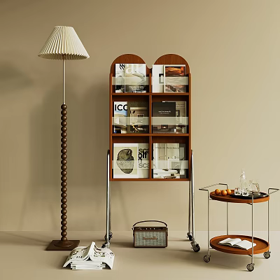 Minimalist Wooden Display Shelf With Multiple Compartments Books And Floor Lamp On Beige Wall 3d model