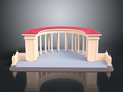 Scenic Arched Structure With Red Roof Columns and Reflection on Gray Floor 3d model