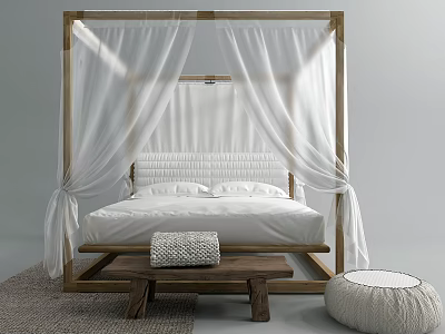 Minimalist Double Bed With Wooden Frame White Canopy Curtains And Woven Stool On Gray Rug 3d model