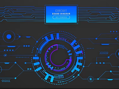 Tech Inspired Interface With Blue Purple Lines And Circular Dashboard Circuit Board Design 3d model